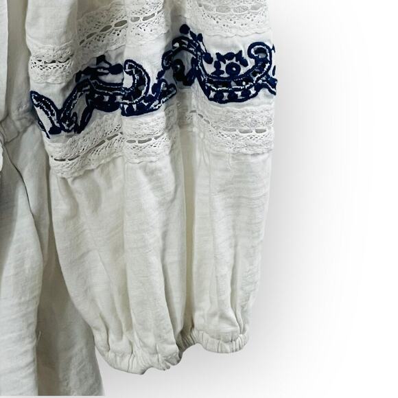 Lauren Ralph Lauren Tunic Top White Blue Embroidered Boho Peasant Blouse Size PL - Picture 7 of 10
